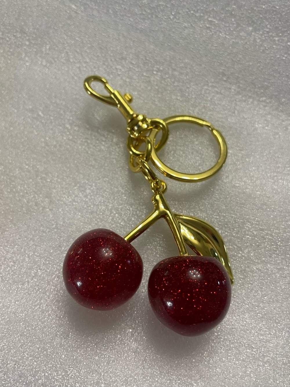Large Gold Cherry Keychain with Glitter Red Cherries